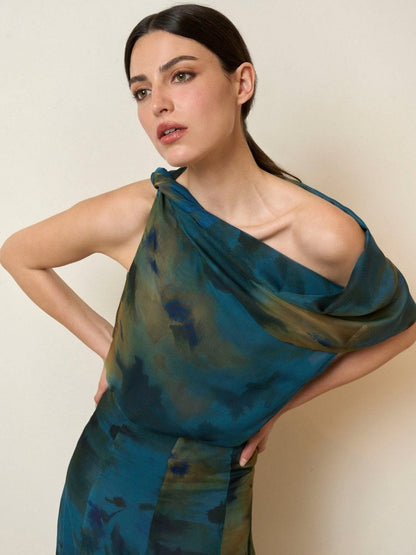Watercolor Print Asymmetric Top & Skirt Set