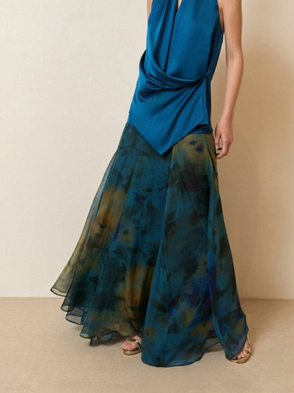 Watercolor Print Asymmetric Top & Skirt Set