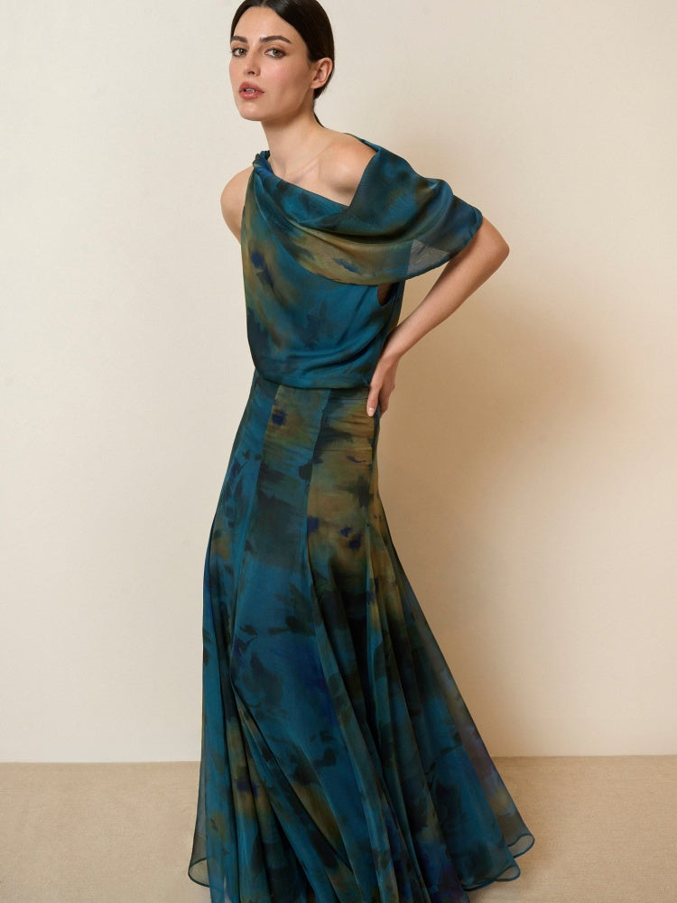 Watercolor Print Asymmetric Top & Skirt Set