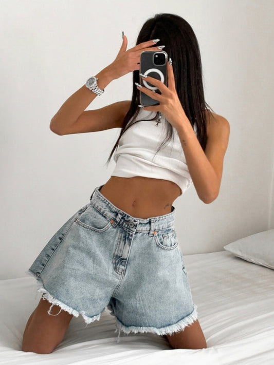 High-Waisted Straight-Leg Denim Shorts