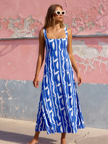 Vacation-Style French Floral Print Maxi Dress