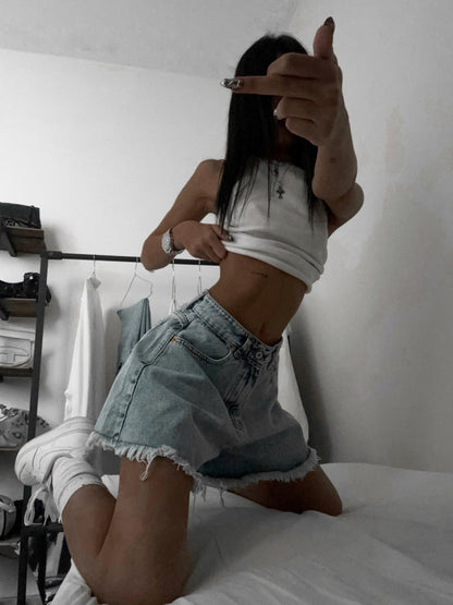 High-Waisted Straight-Leg Denim Shorts