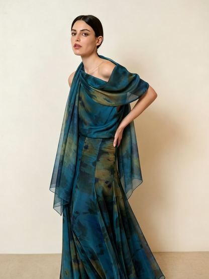 Watercolor Print Asymmetric Top & Skirt Set