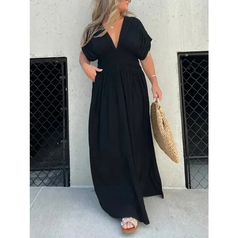 Elegance™ Maxi Dress + FREE Tote Bag – Bat Sleeve V-Neck Slit Dress