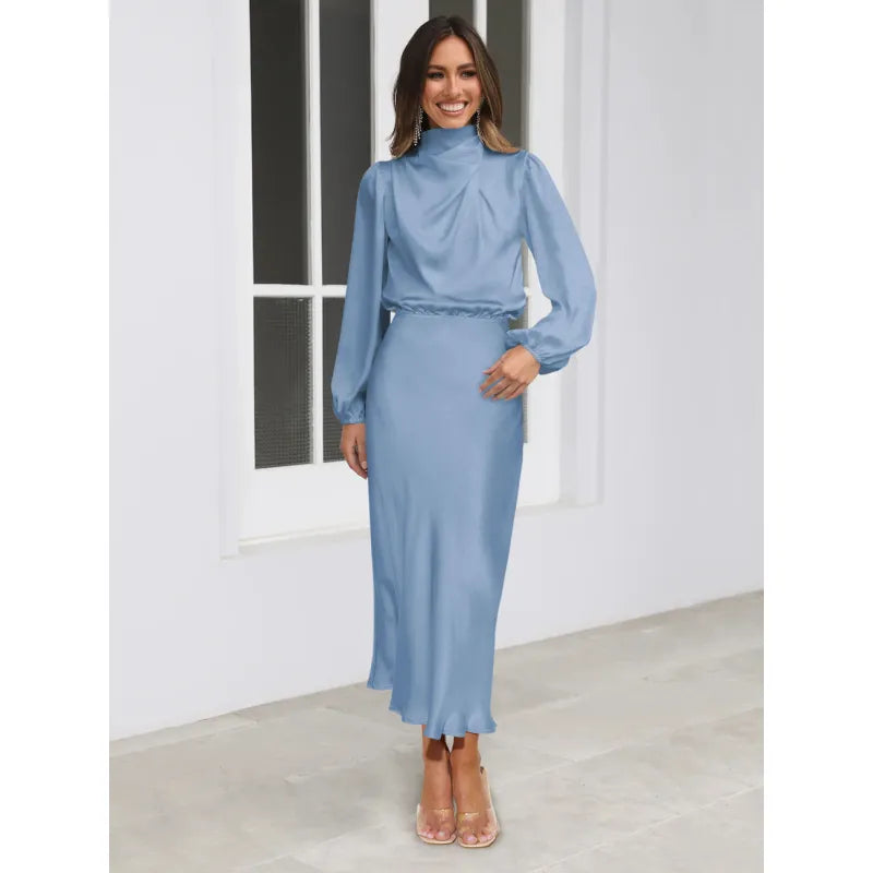 Étoile™ Satin Halter Evening Dress – Elegant Long Sleeve Formal Gown