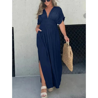 Elegance™ Maxi Dress + FREE Tote Bag – Bat Sleeve V-Neck Slit Dress