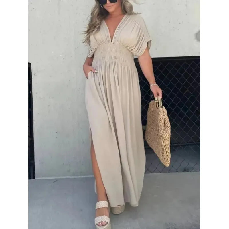 Elegance™ Maxi Dress + FREE Tote Bag – Bat Sleeve V-Neck Slit Dress