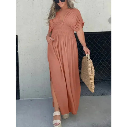 Elegance™ Maxi Dress + FREE Tote Bag – Bat Sleeve V-Neck Slit Dress