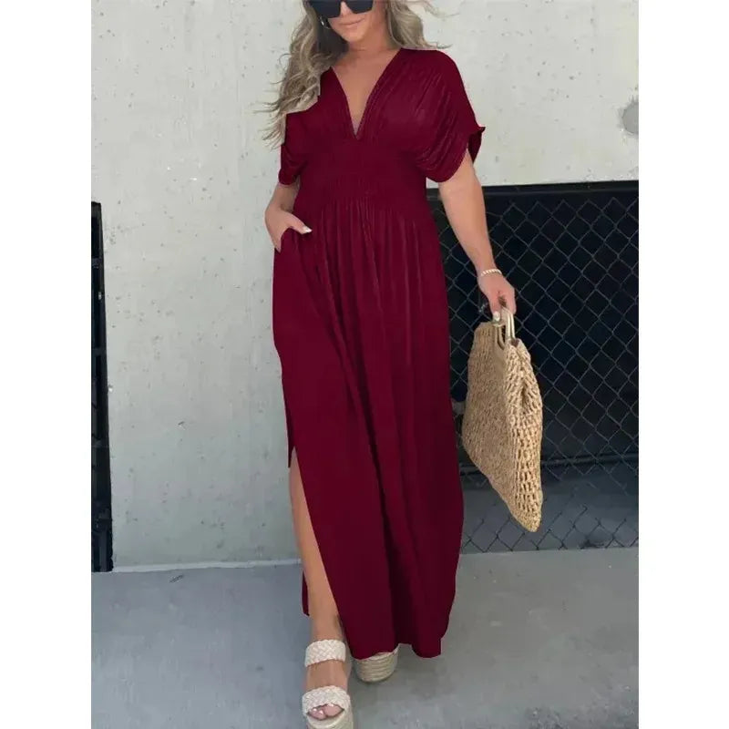 Elegance™ Maxi Dress + FREE Tote Bag – Bat Sleeve V-Neck Slit Dress