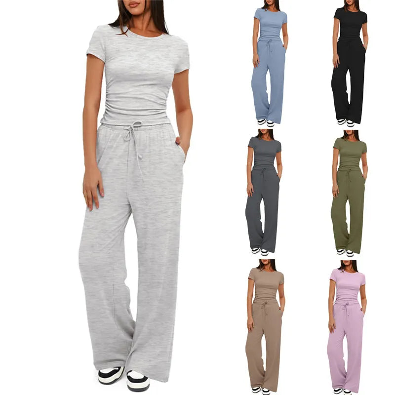 SummerFlex™ Women’s Wide Leg Set – Short Sleeve Top & High Waist Pants